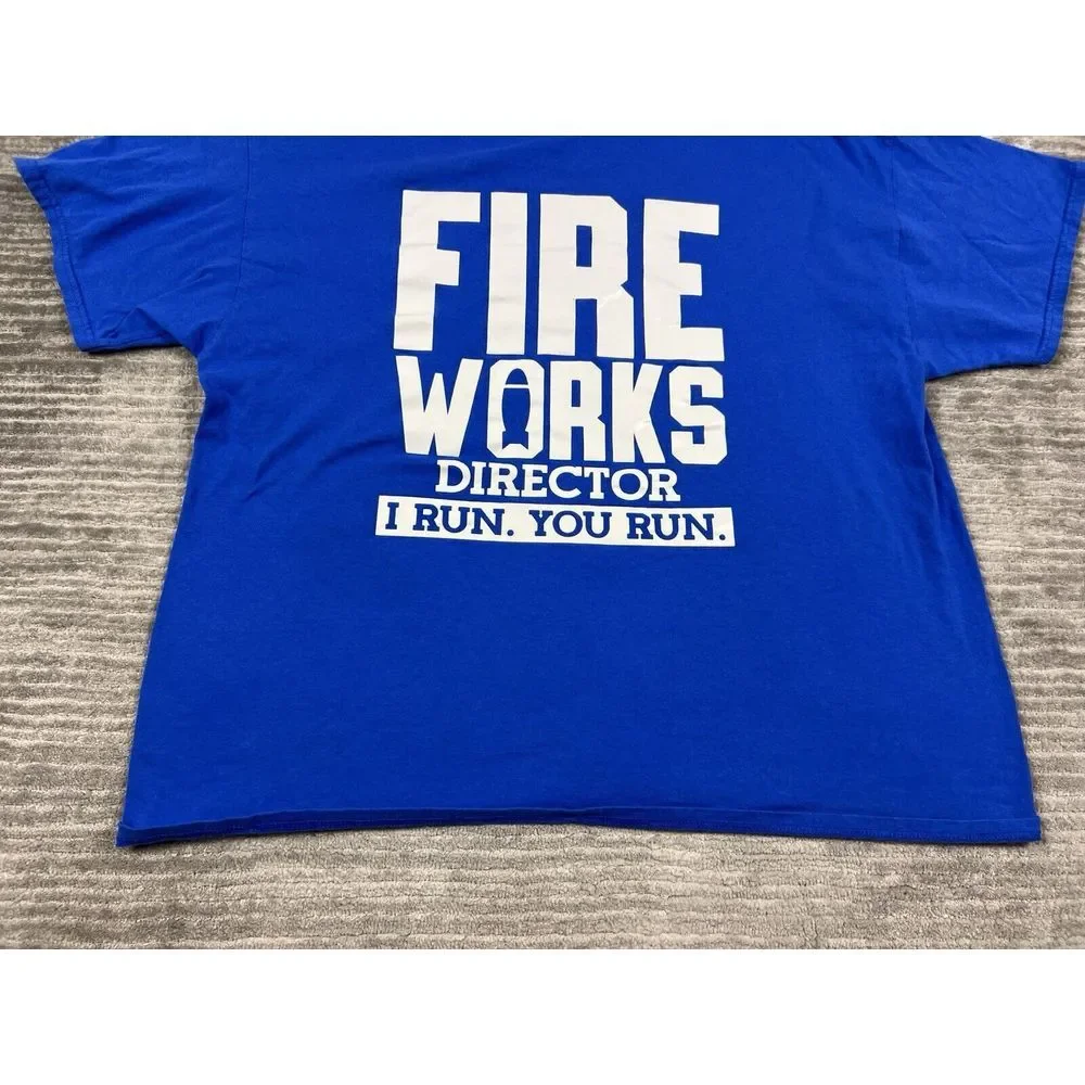 Fire Works Director I Run‎ You Run Shirt Mens 2XL Blue Short Sleeve Funny